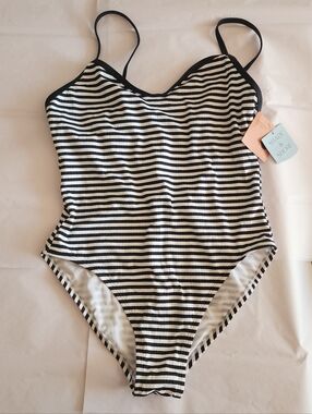 Shade & Shore Black And White Stripped Swimsuit One Piece Large Nwt Nautical
